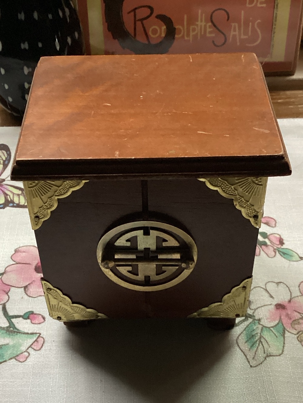Vintage Asian Wood Coasters Holder with Brass Accents